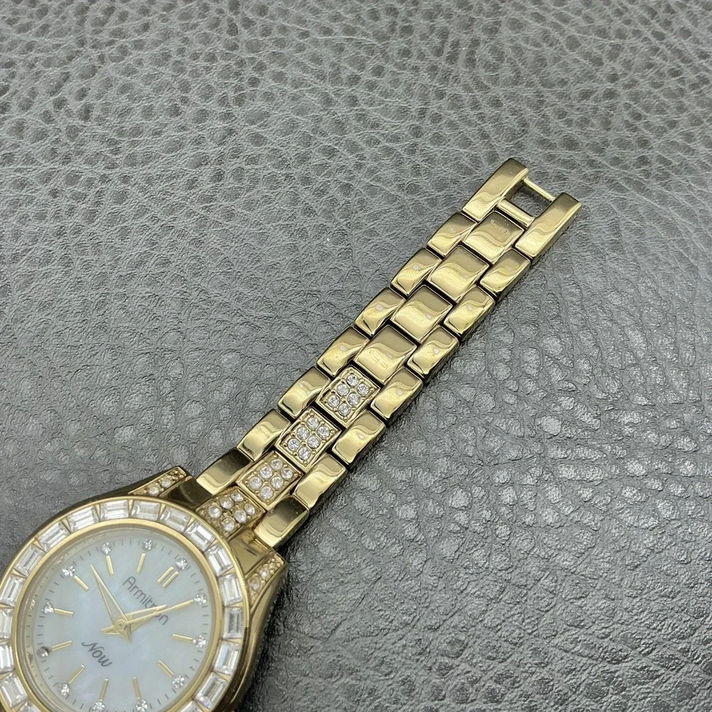 Armitron Now Watch Womens Gold Tone Crystal Bezel Bracelet Quartz NEW BATTERY